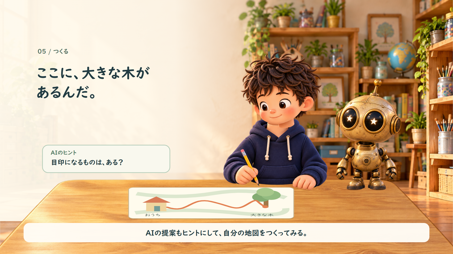 男の子が地図を描く場面
